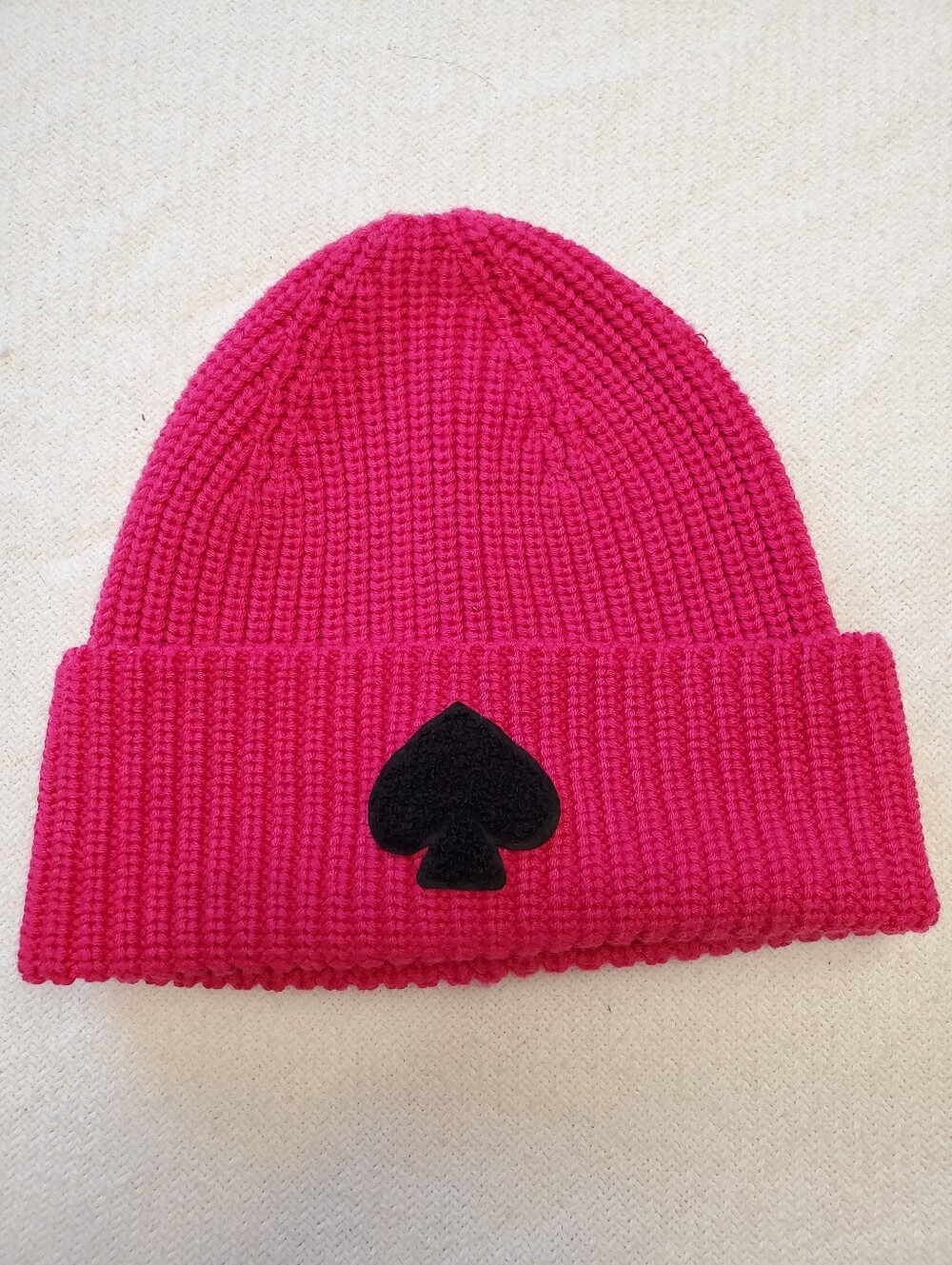 Kate Spade New York Pink Ribbed Knit Beanie Spade Patch One Size Wool Blend